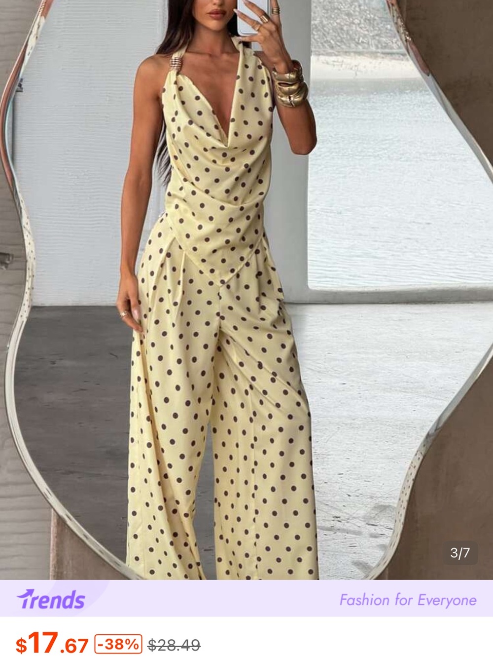 SHEIN Cream Polka Dot Cowl Neck Wide-Leg Jumpsuit